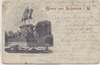 VERKAUFT !!!   AK Gruss aus Schwerin Denkmal Friedrich Franz II. 1904
