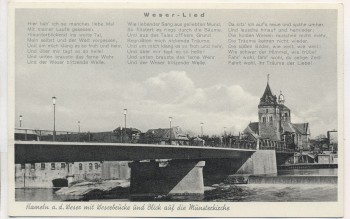AK Liedkarte Foto Hameln a. d. Weser mit Weserbrücke und Blick auf die Münsterkirche Weser-Lied 1940
