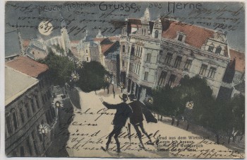 AK Feucht-Fröhliche Grüsse aus Herne Straßenansicht 2 Betrunkene Wirtshaus 1909 RAR