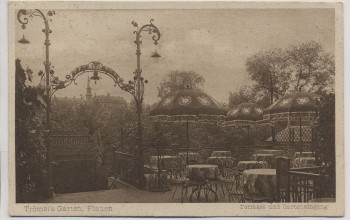 AK Plauen im Vogtland Trömel's Garten Terrasse und Garteneingang mit Blick zur Kirche 1920