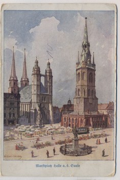 Künstler-AK Halle an der Saale Marktplatz Wessner-Collenbey Feldpost 1916