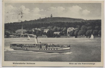 AK Woltersdorfer Schleuse Blick auf die Kranichsberge Dampfer Oberbürgermeister Zelle b. Erkner 1932