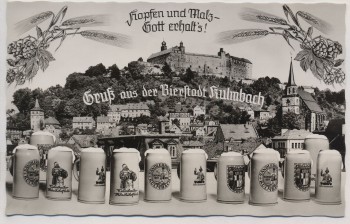 AK Foto Gruß aus der Bierstadt Kulmbach Krüge mit Burg 1960