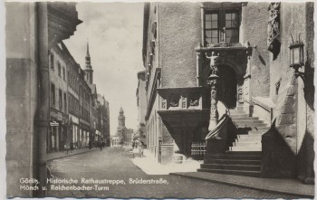 AK Foto Görlitz Rathaustreppe Brüderstraße Mönch u. Reichenbacher-Turm 1956