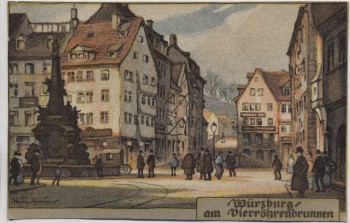 Künstler-AK Würzburg Vierröhrenbrunnen Steinzeichnung Wilhelm Greiner 1910