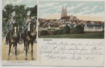 AK Oschatz Ortsansicht mit K.S. Ulanen Regiment Nr. 17 zu Pferd 1907 RAR