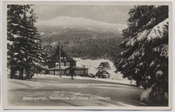 AK Foto Riesengebirge Adolfbaude mit kleiner Sturmhaube im Winter b. Špindlerův Mlýn Spindlermühle Sudetengau Tschechien Feldpost 1942