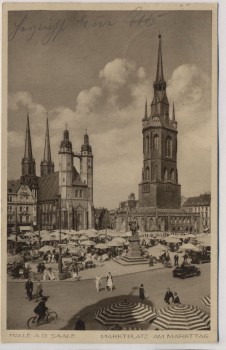 AK Halle an der Saale Marktplatz am Markttag Landpoststempel Nehlitz 1937