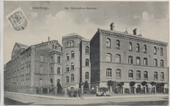 AK Osterburg Altmark Kgl. Schullehrer-Seminar Wappen mit Menschen 1909