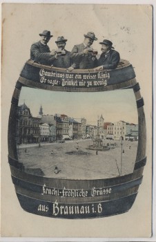 VERKAUFT !!!   AK Feucht-Fröhliche Grüsse aus Braunau in Böhmen Marktplatz Bierfass Männer mit Gambrinus Broumov Tschechien 1913 RAR