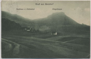 VERKAUFT !!!   AK Gruß aus Barzdorf Gasthaus z. Eichkatzel Ringelkoppe Božanov b. Broumov Tschechien 1913 RAR
