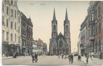 AK Hof Saale Bayern Altstadt Marienkirche viele Menschen 1907