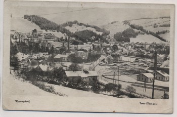 AK Foto Hannsdorf Hanušovice Ortsansicht im Winter Ost Sudetengau b. Šumperk Tschechien 1940