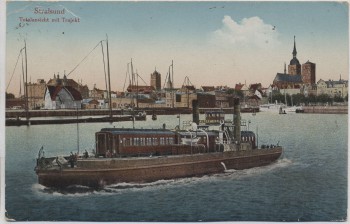 VERKAUFT !!!   AK Stralsund Totalansicht mit Trajekt-Schiff 1920