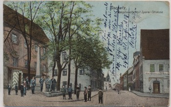 VERKAUFT !!!   AK Oschatz Hauptwache mit Sporer-Strasse Gasthaus zum Schwan Ulanen und Kinder Feldpost 1914 RAR