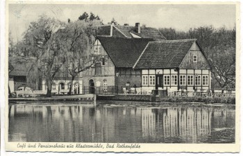 AK Cafe und Pensionshaus zur Klostermühle Helfern b. Bad Rothenfelde besonderer Stempel 1958