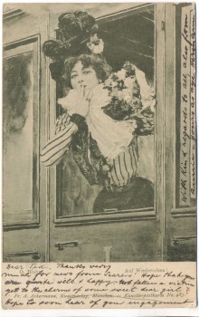 AK Frau mit Hut aus Zug lehnend O.Bluhm Auf Wiedersehen ! 1900