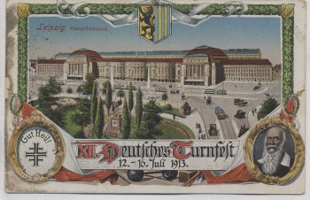 Künstler-AK Leipzig Hauptbahnhof XII. Deutsches Turnfest 1913