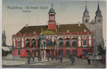 AK Magdeburg die bunte Stadt Rathaus mit Menschen 1922