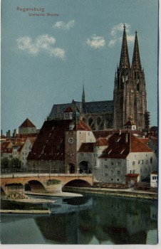 AK Regensburg Steinerne Brücke mit Dom 1913