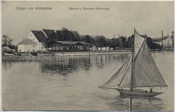 AK Stegen am Ammersee Gasthof u. Brauerei Schreyegg mit Boot 1912