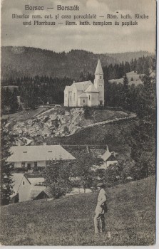 AK Borsec Röm. kath. Kirche mit Pfarrhaus Mann Borszék Siebenbürgen Rumänien 1924
