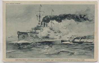 VERKAUFT !!!   Künstler-AK Willy Tiedjen Deutsches Linienschiff im Kampfe mit feindlichen Torpedobooten 1. WK Marine Feldpost 1914