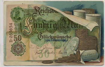 VERKAUFT !!!   Künstler-AK Geldschein Reichsbank Fünfzig Mark Glückwünsche zum Namenstage 1910