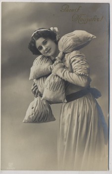 AK Foto Prosit Neujahr Frau mit Geldsäcken 1911