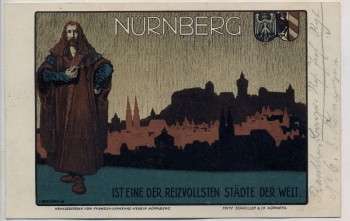 Künstler-AK Nürnberg H. Bek Gran Ortsansicht mit Dürer und Wappen Feldpost 1914