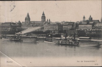 AK Mainz von der Strassenbrücke mit Dampfer 1906