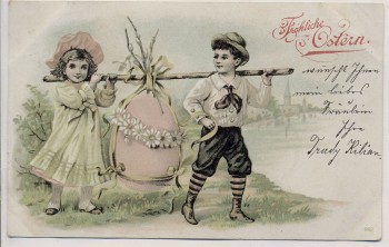 Präge Künstler-AK Fröhliche Ostern 2 Kinder tragen Ei Jugendstil 1906