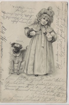 Künstler-AK Kind mit Schneebällen und Hund Mops Verlag Wartenberg Frankfurt Jugendstil 1902
