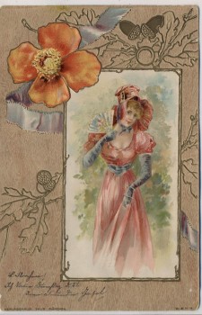 Präge Künstler-AK Frau mit Hut und Fecher Blume Goldrand Jugendstil 1901