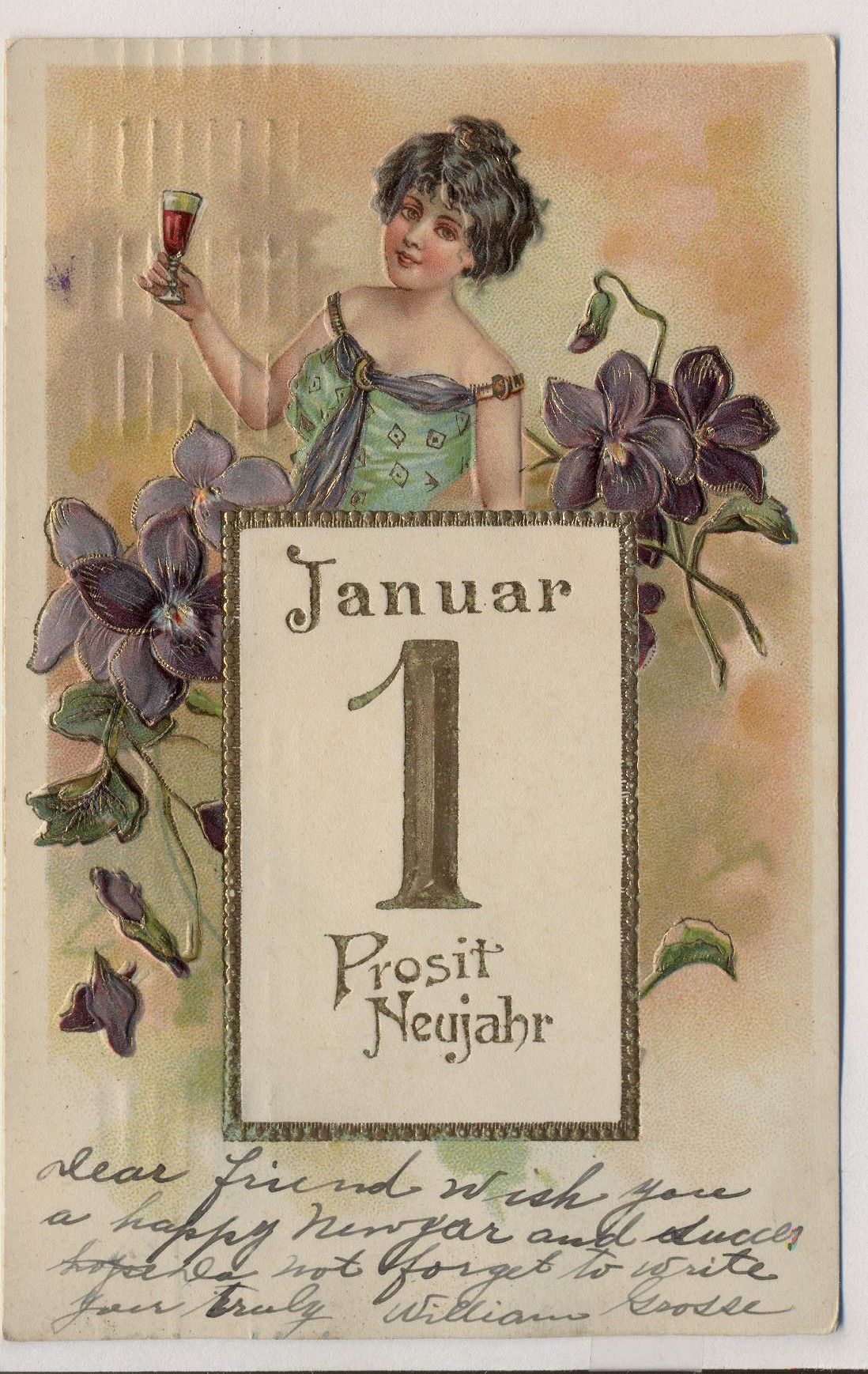 Prägedruck Datum 1. Januar - Biedermeier Ornamente - Mädchen, Hufeisen AK  Neujahr: Ansichtskarten-Center Onlineshop