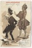 Künstler-AK Im 20. Jahrhundert Frau als Soldat Mann als Frau mit Rock und Spitz Jugendstil HG 1902