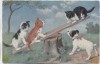 AK 3 Katzen Kätzchen auf Wippe mit Hund 1920