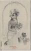 Künstler-AK Glückliches Neujahr Frau mit Hut Hund Korb im Maul Jugendstil 1907