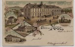 Litho Gruss aus Mosel Hammer's Gasthof Post Brauerei Bahnhof bei Zwickau 1901 RAR