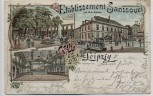 Litho Gruss aus Leipzig Etablissement Sanssouci Garten Saal Straßenbahn 1900