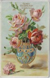 Präge-AK Herzlichen Glückwunsch zum Geburtstag Rosen in Vase 1914