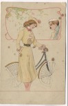 Künstler-AK Frau mit Fahrrad an Mann denkend Jugendstil 1910