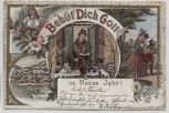 AK Litho Säckingen Behüt' Dich Gott im Neuen Jahr Trompeter Frau Engel Goldrand 1898