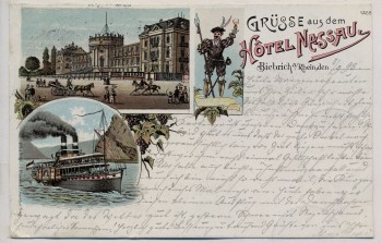 AK Litho Biebrich am Rhein Grüsse aus dem Hotel Nassau b. Wiesbaden 1898