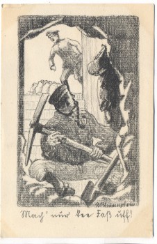 Künstler-AK Feldpostkarte R. Blumenschein Soldaten mit Hacke Spaten 1914