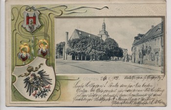 Präge-AK Litho Güsten Ortsansicht mit Wappen 1903