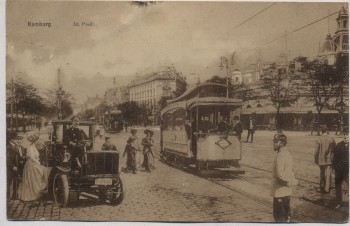 AK Hamburg St. Pauli Straßenbahn Auto Taxi vor Hammonia-Hotel Feldpost 1918 RAR