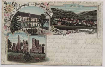 Litho Gruss aus Stecklenberg im Harz Gasthaus zum Grünen Walde bei Thale 1900