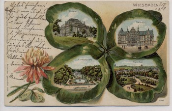 AK Wiesbaden Theater Rathaus Nerotal mit geprägtem Kleeblatt Kunstanstalt Rosenblatt 1903