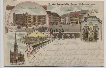 AK Litho Gruss aus Gera Goldrand Kirche Marktplatz Zabei-Denkmal Schlachthof 1900